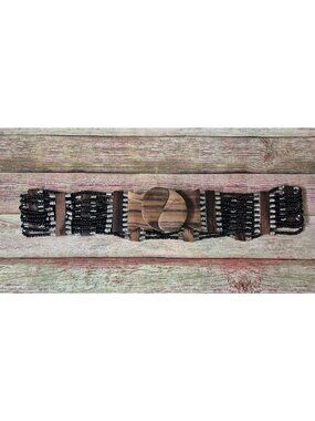 Vintage Wide Black Silver Beaded Stretch Belt Wooden Buckle Boho Chic Artsy 32"